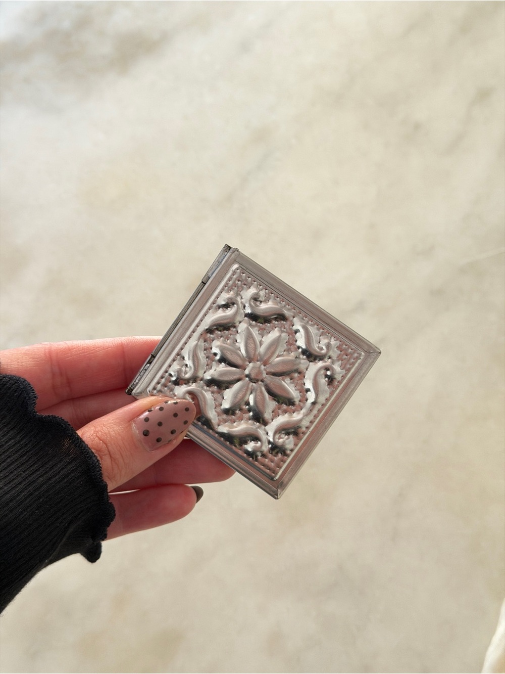 Ornate Silver-Tone Compact Mirror